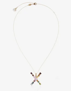 Rainbow alphabet X pendant in yellow gold with multicolor fine gems