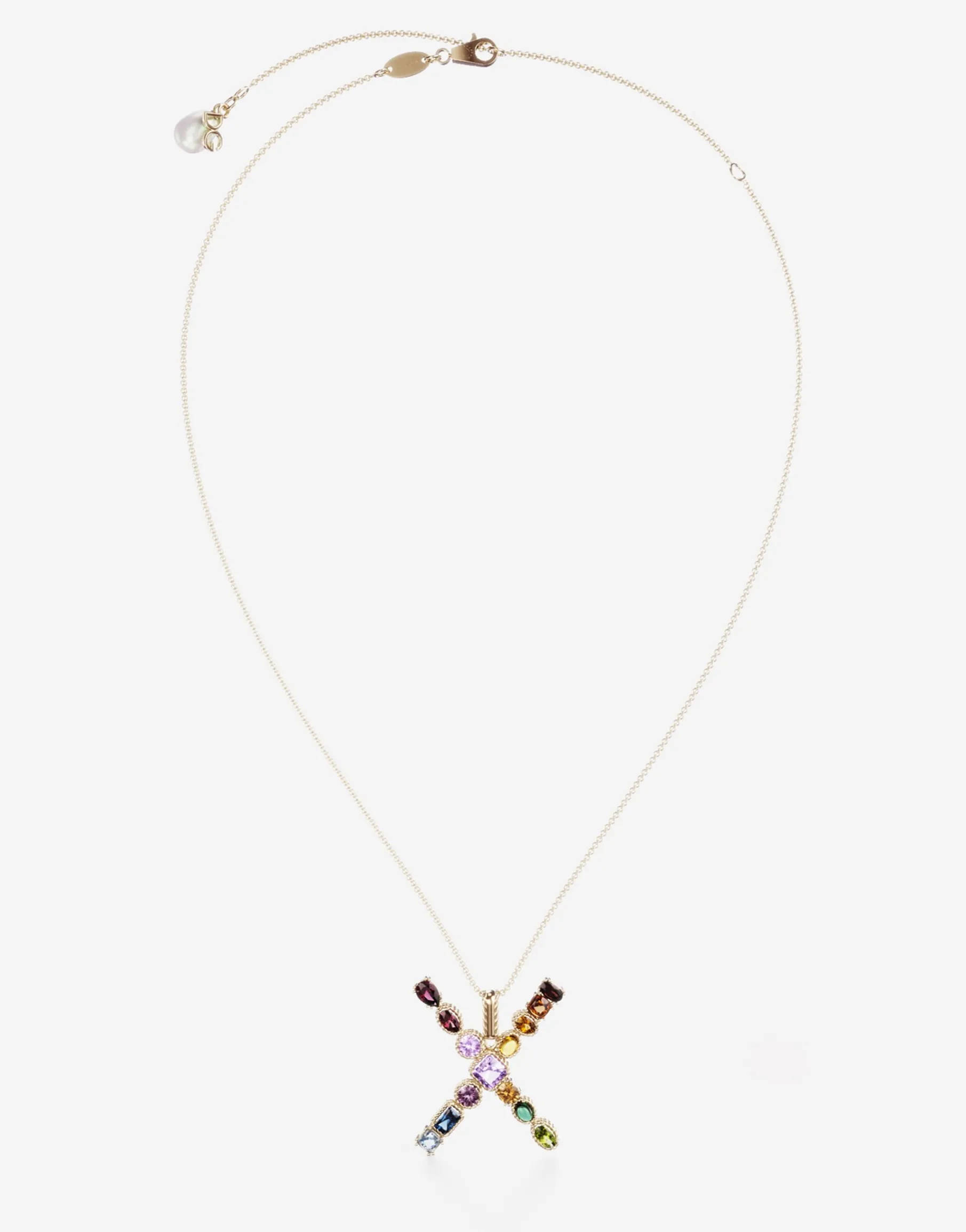 Rainbow alphabet X pendant in yellow gold with multicolor fine gems