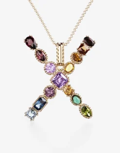 Rainbow alphabet X pendant in yellow gold with multicolor fine gems