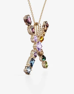 Rainbow alphabet X pendant in yellow gold with multicolor fine gems