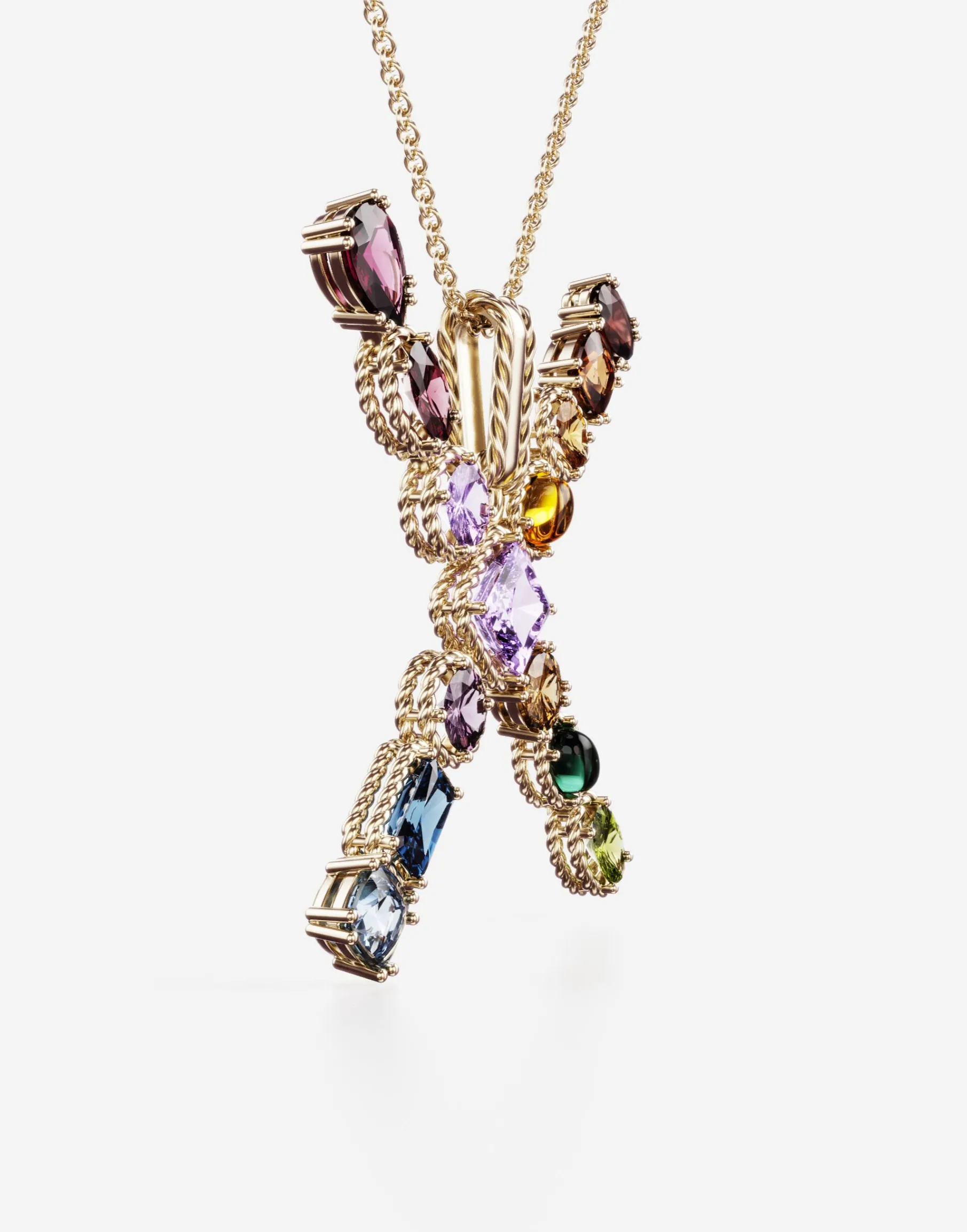 Rainbow alphabet X pendant in yellow gold with multicolor fine gems