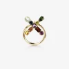 Rainbow alphabet X ring in yellow gold with multicolor fine gems