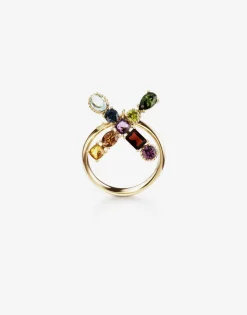 Rainbow alphabet X ring in yellow gold with multicolor fine gems