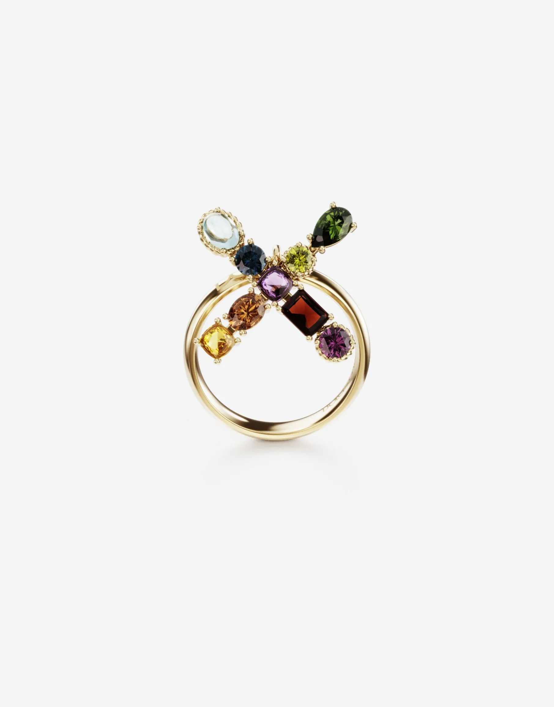 Rainbow alphabet X ring in yellow gold with multicolor fine gems