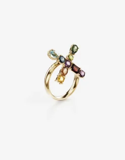 Rainbow alphabet X ring in yellow gold with multicolor fine gems