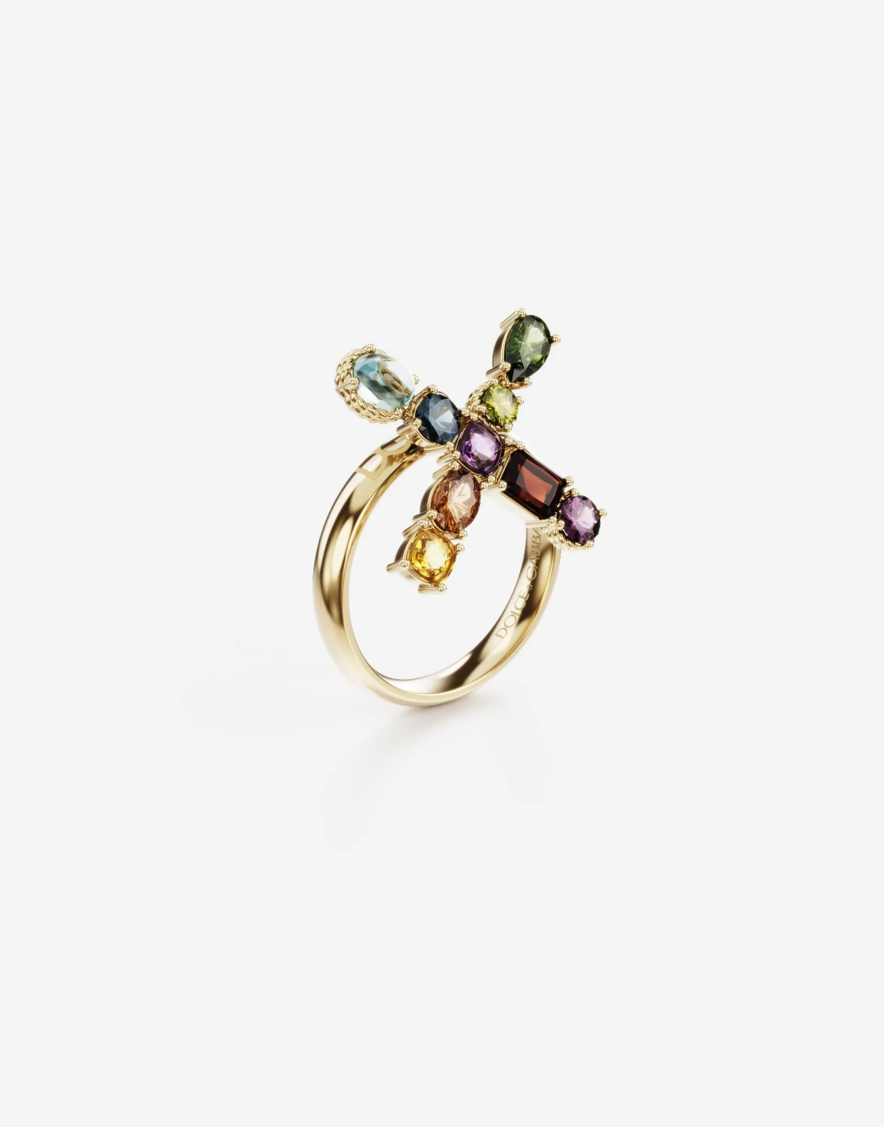 Rainbow alphabet X ring in yellow gold with multicolor fine gems