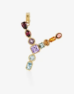 Rainbow alphabet Y 18 kt yellow gold charm with multicolor fine gems
