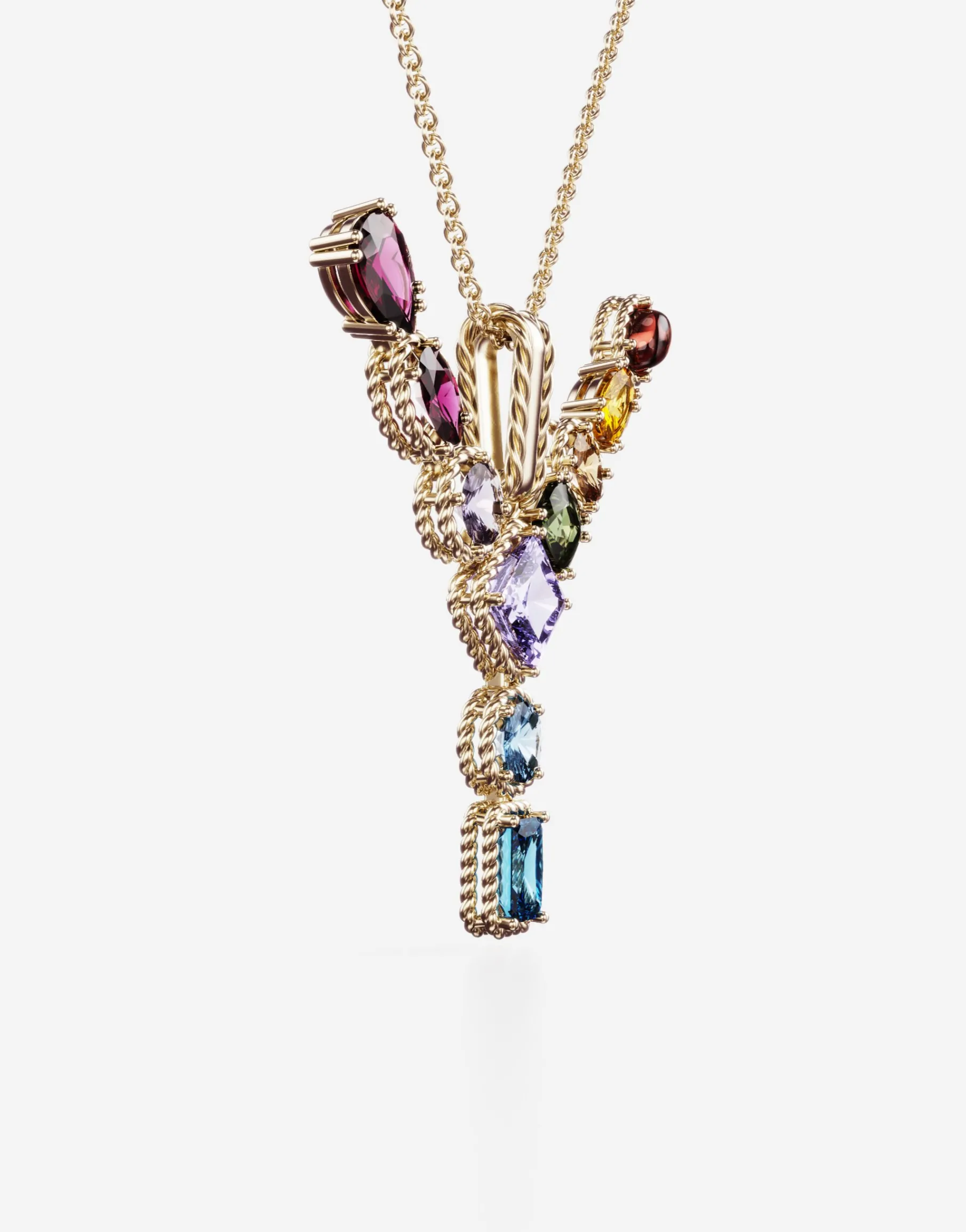 Rainbow alphabet Y pendant in yellow gold with multicolor fine gems