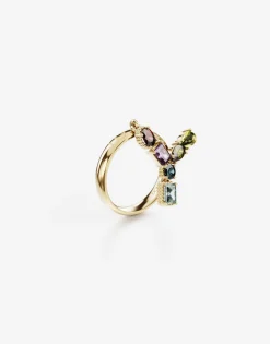 Rainbow alphabet Y ring in yellow gold with multicolor fine gems