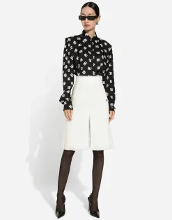 Raschel tweed midi skirt with central slit
