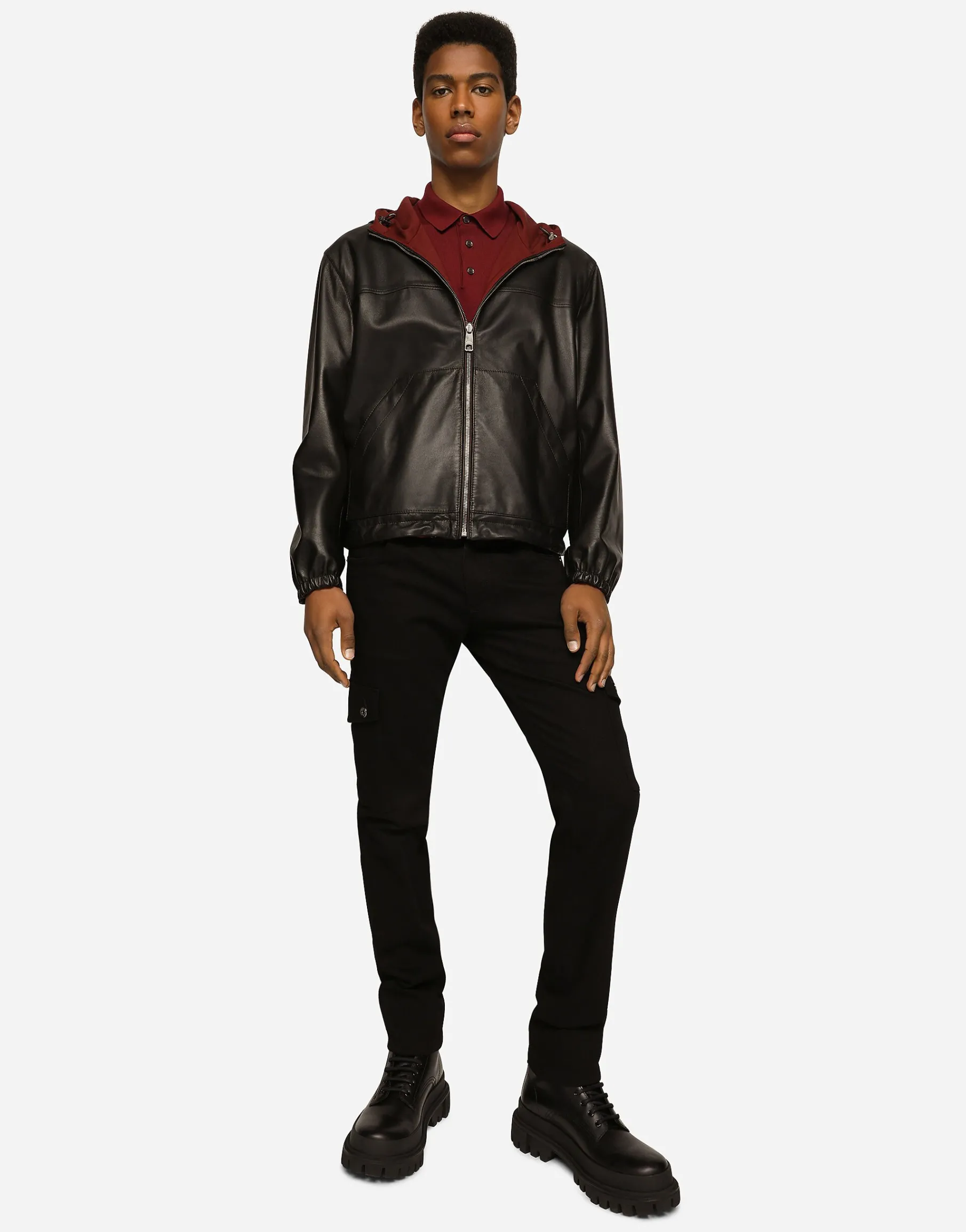 Reversible stretch wool and leather jacket