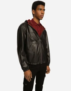 Reversible stretch wool and leather jacket