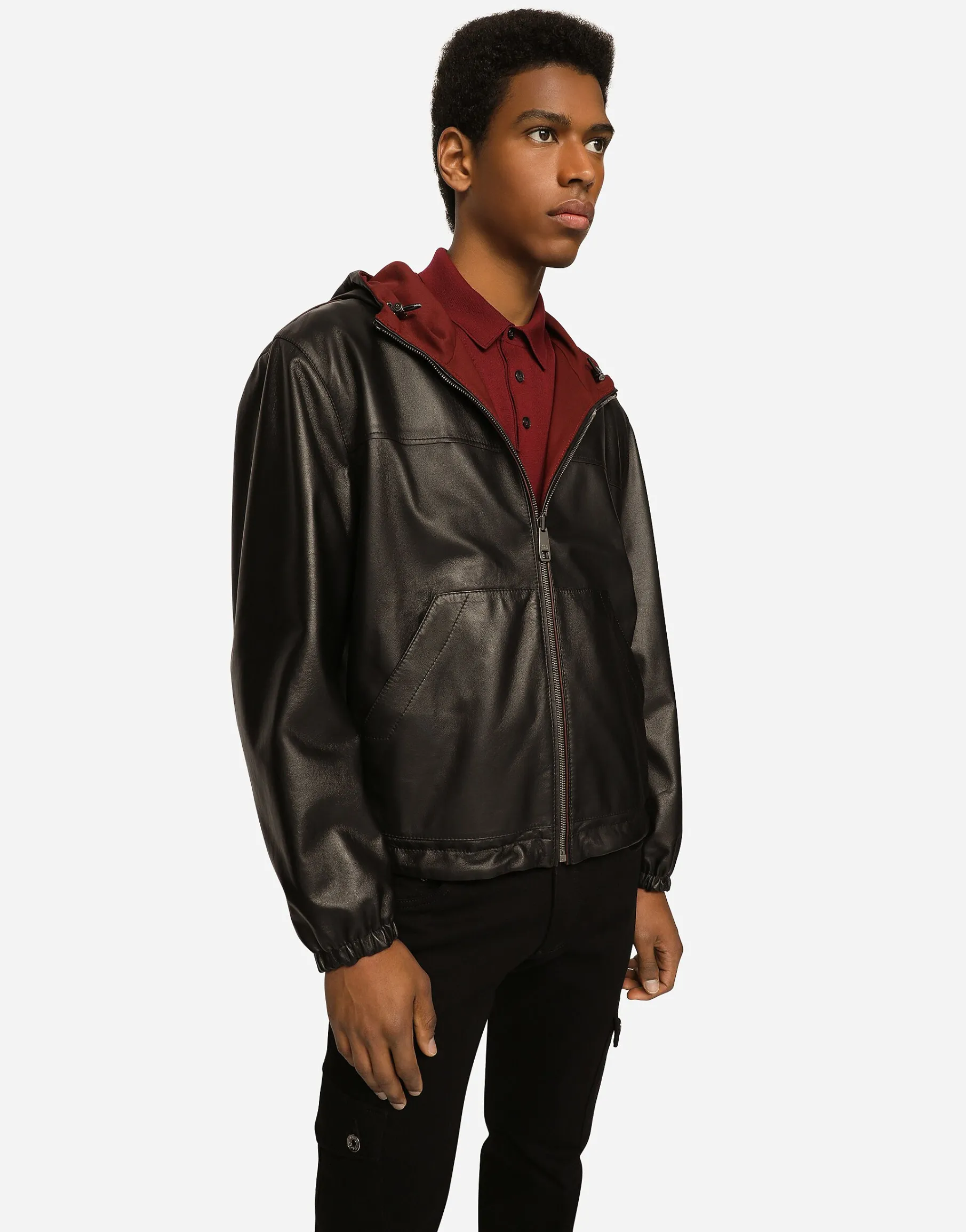 Reversible stretch wool and leather jacket