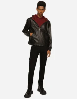 Reversible stretch wool and leather jacket