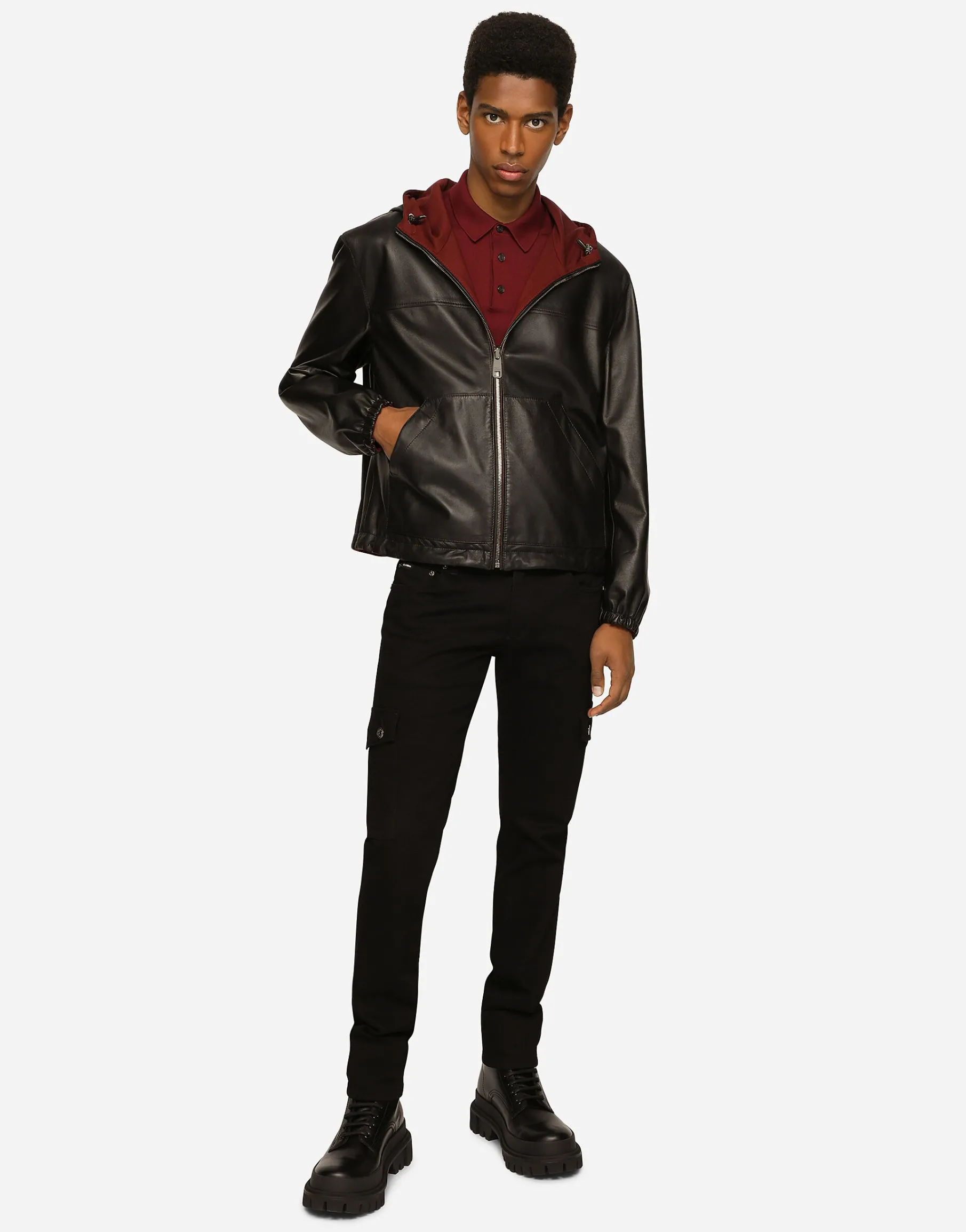 Reversible stretch wool and leather jacket