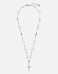 Rosary-style necklace with rhinestone-detailed crosses