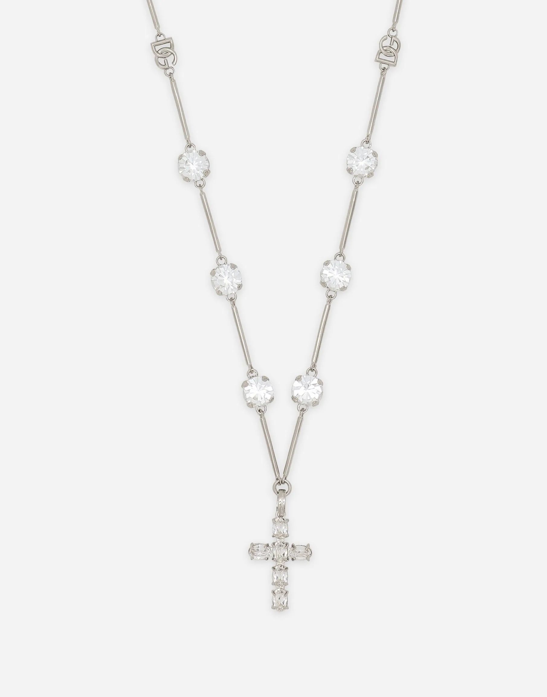 Rosary-style necklace with rhinestone-detailed crosses