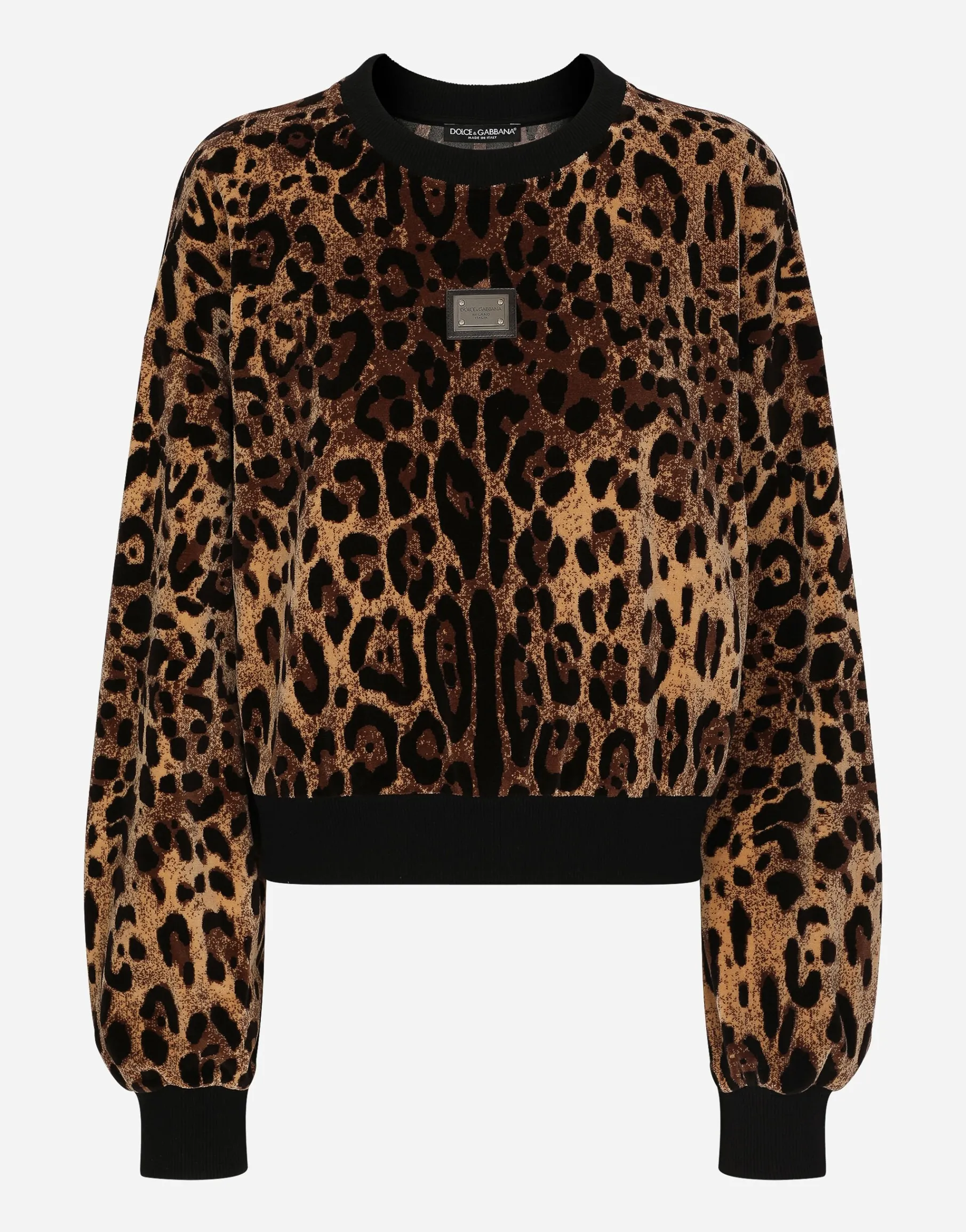 Round-neck chenille sweatshirt with jacquard leopard design