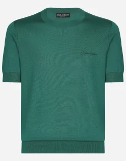 Round-neck silk sweater with Dolce&Gabbana logo