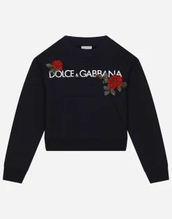 Round-neck sweatshirt with logo print and rose patch