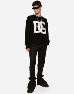 Round-neck wool sweater with DG logo inlay