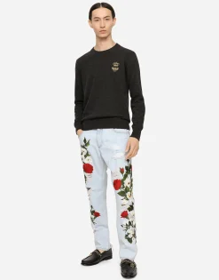 Round-neck wool sweater with embroidery