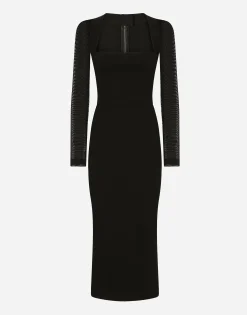 Sable calf-length dress with tulle sleeves