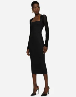 Sable calf-length dress with tulle sleeves
