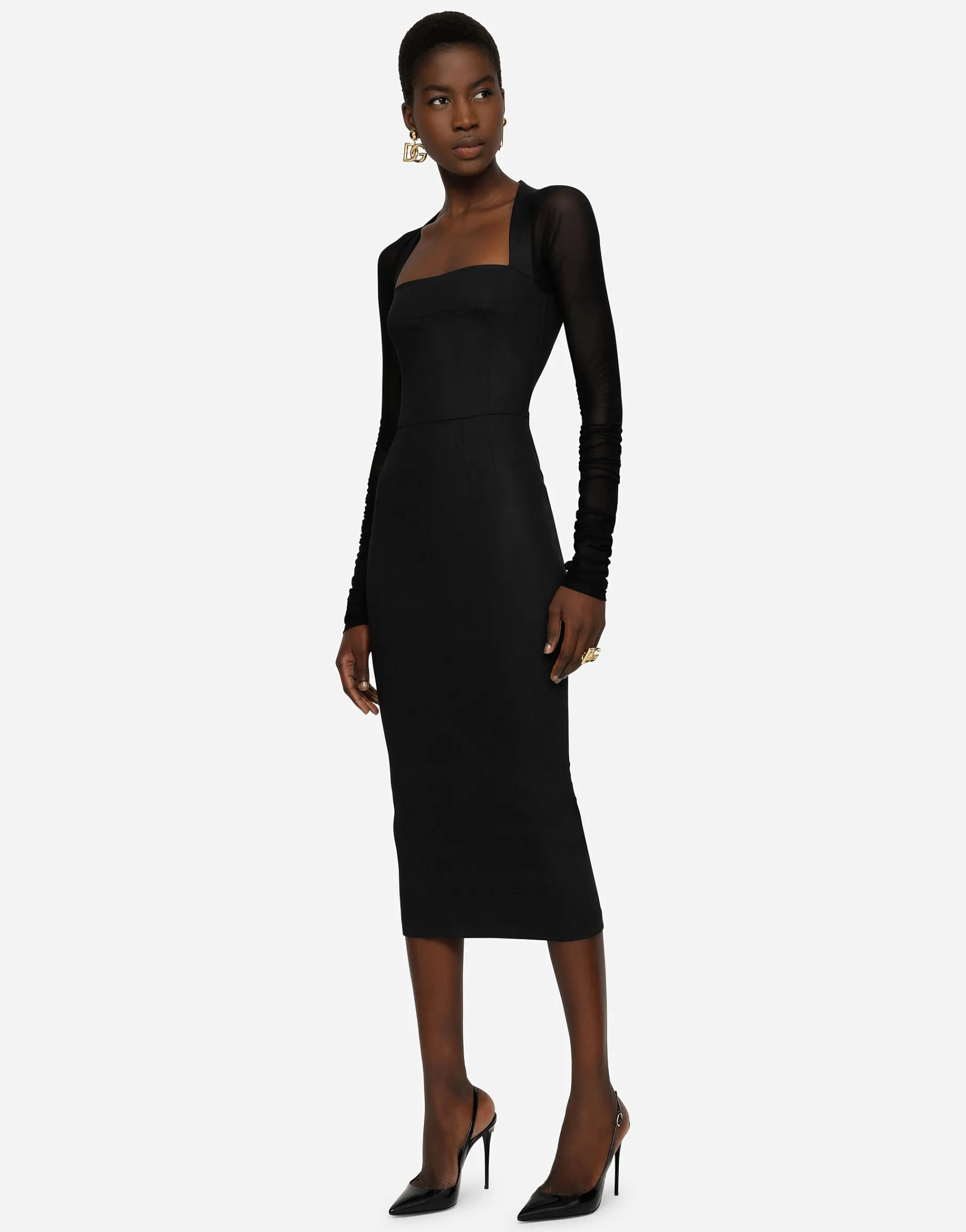 Sable calf-length dress with tulle sleeves