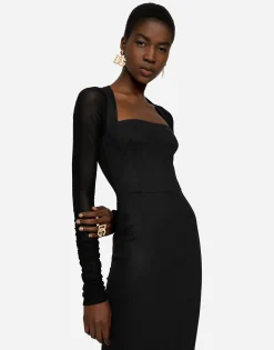 Sable calf-length dress with tulle sleeves