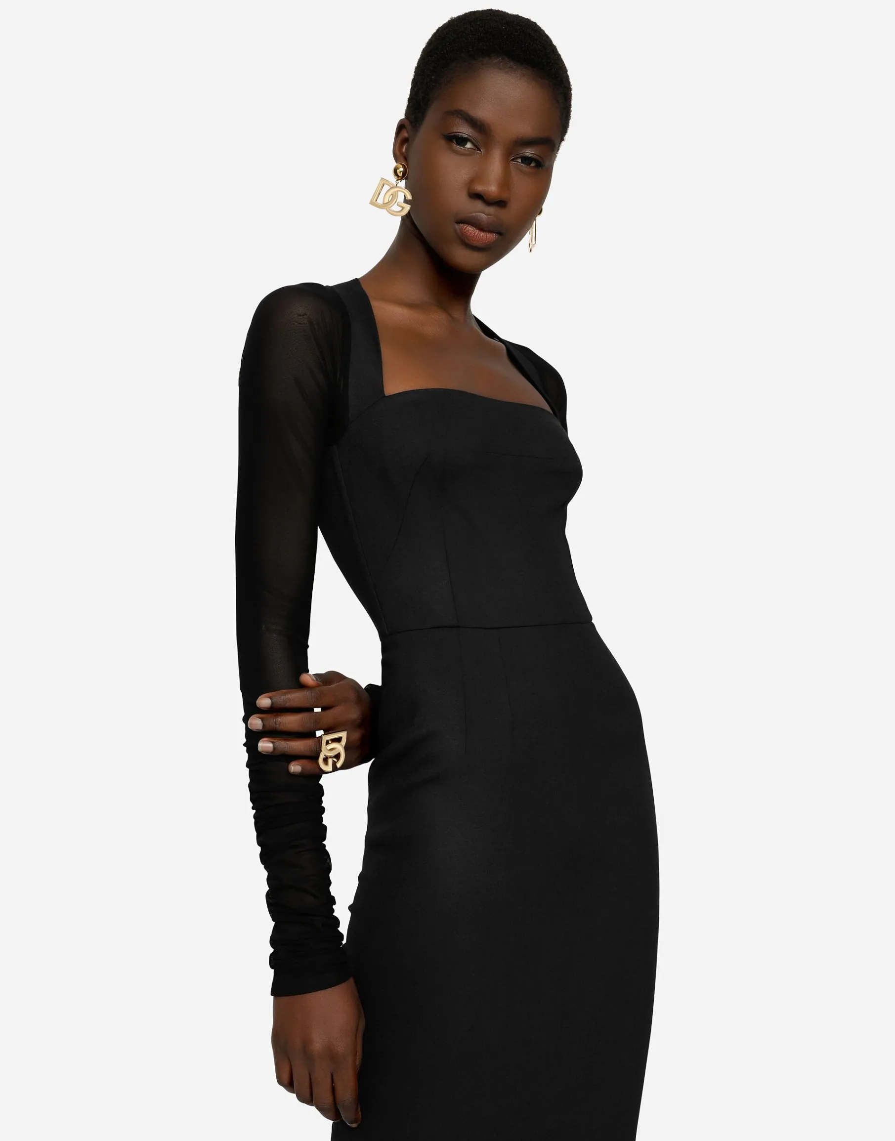 Sable calf-length dress with tulle sleeves