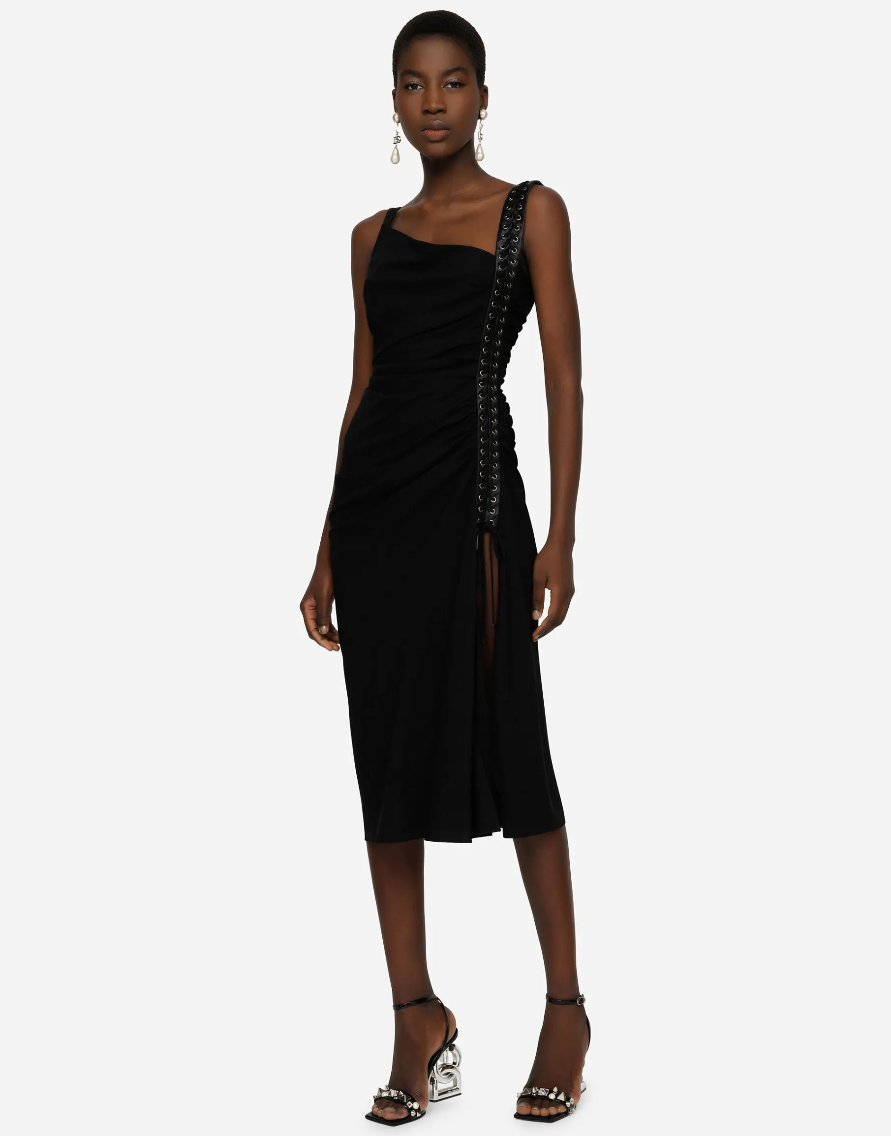 Sable calf-length dress with laces and eyelets