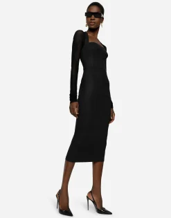 Sable calf-length dress with tulle sleeves