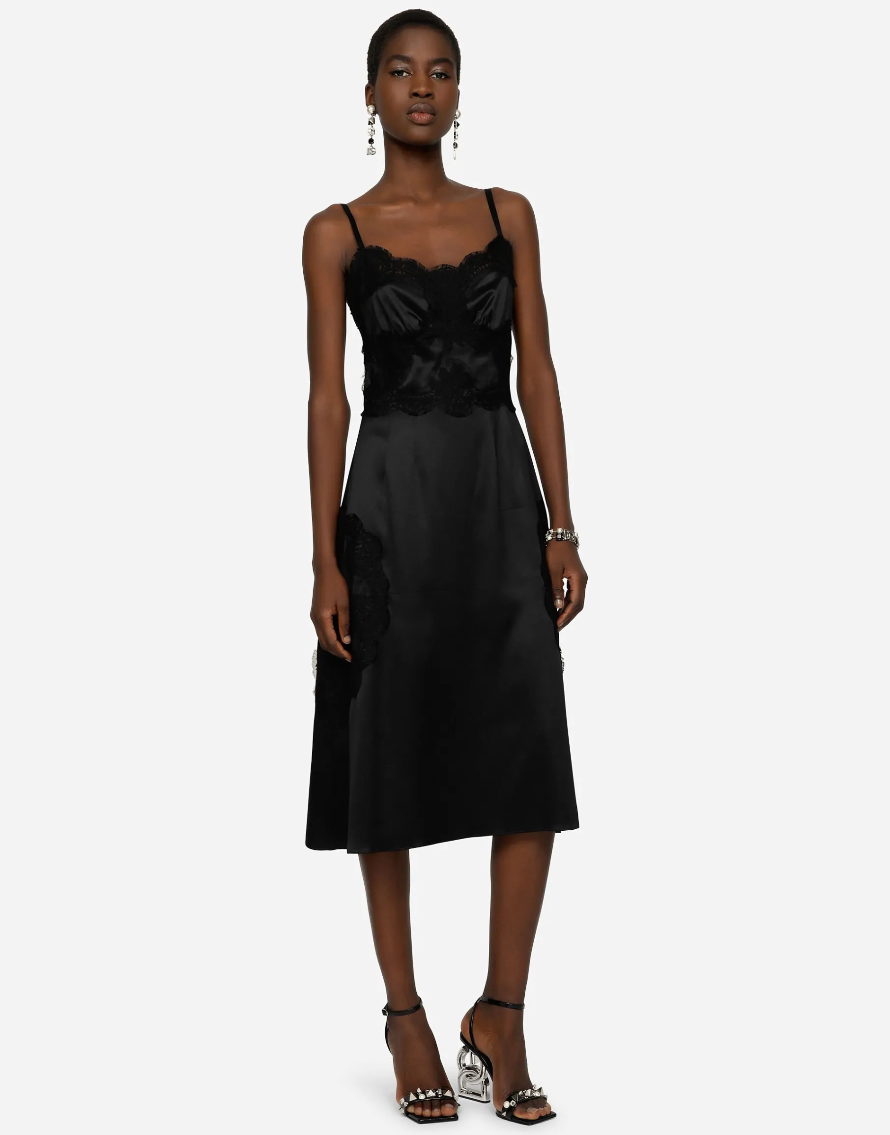 Satin and lace calf-length slip dress