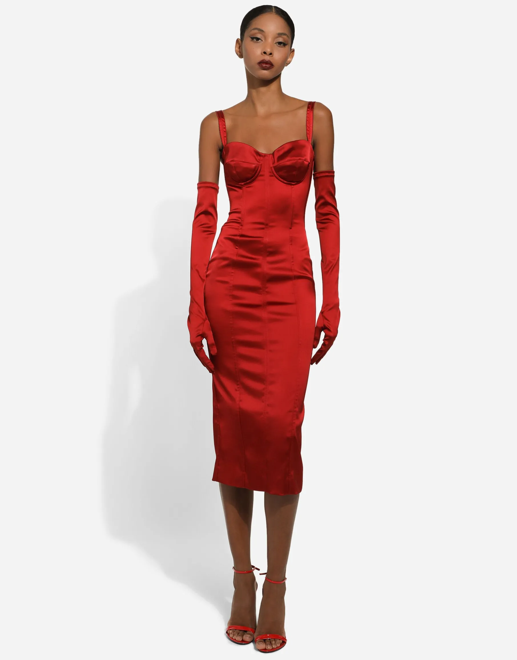 Satin calf-length dress with corset bustier