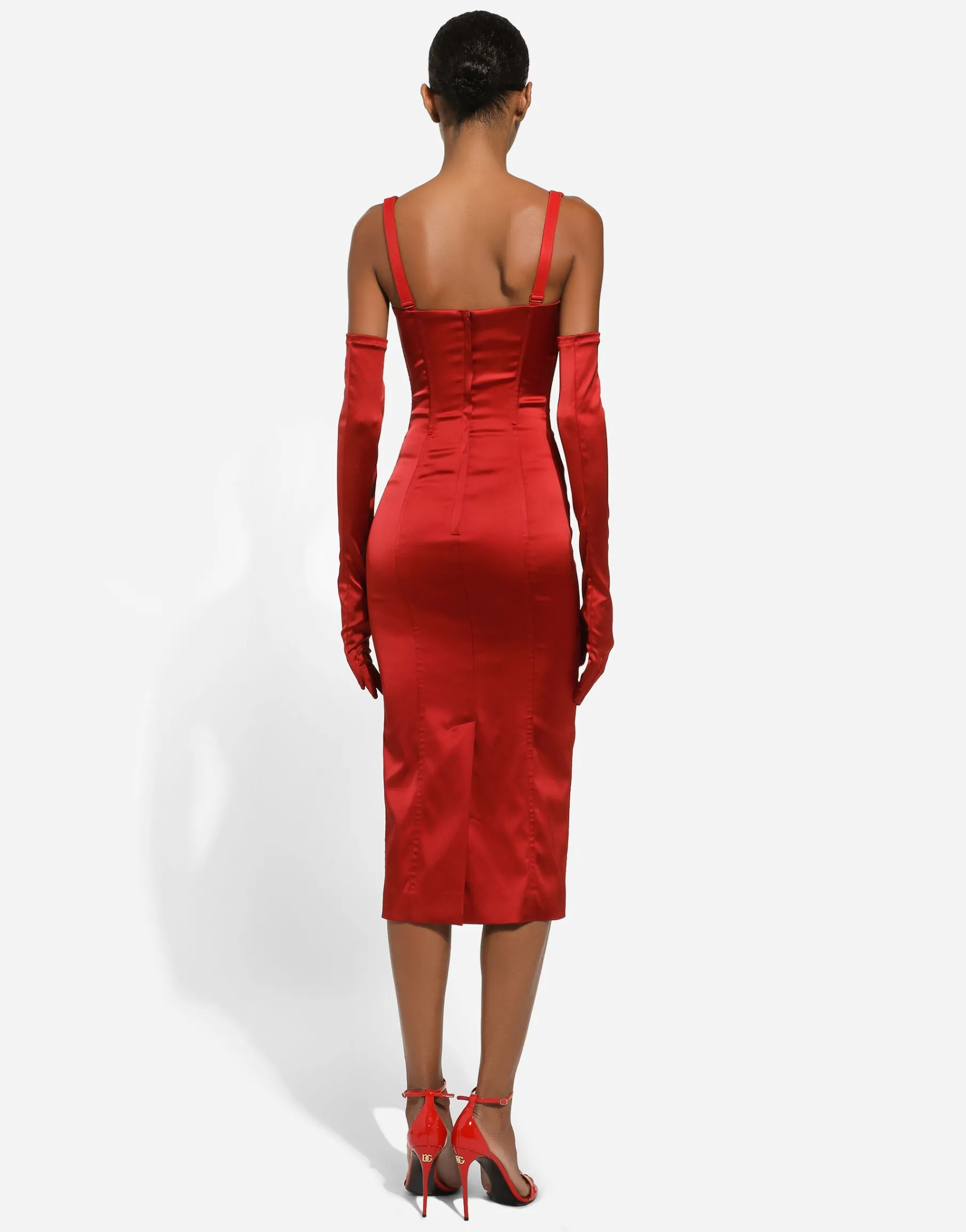 Satin calf-length dress with corset bustier