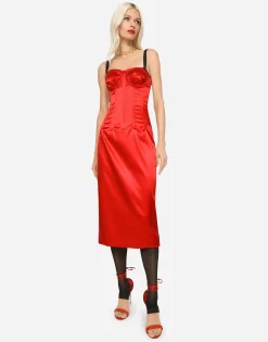 Satin calf-length dress with corset details