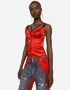Satin corset with top-stitching and hook-and-eye fastenings