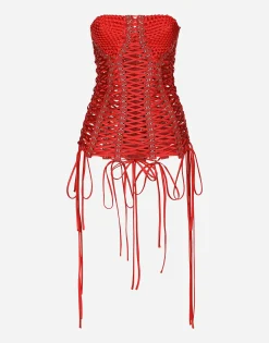 Satin corset-style belt with laces and eyelets