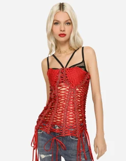 Satin corset-style belt with laces and eyelets