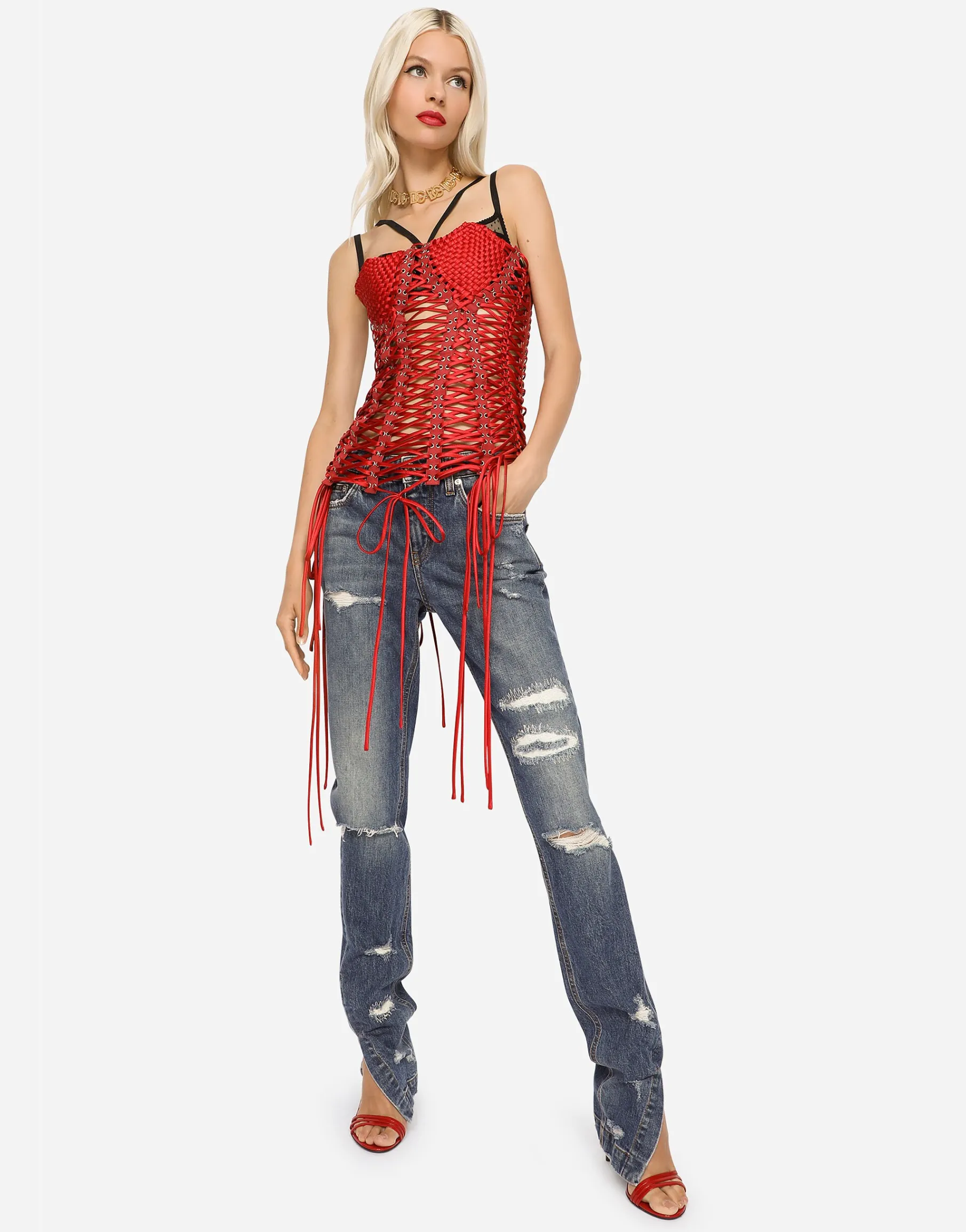 Satin corset-style belt with laces and eyelets