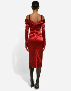 Satin draped calf-length dress