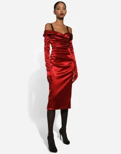 Satin draped calf-length dress