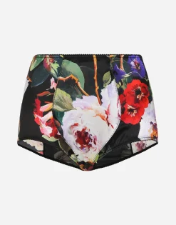 Satin high-waisted panties with rose garden print