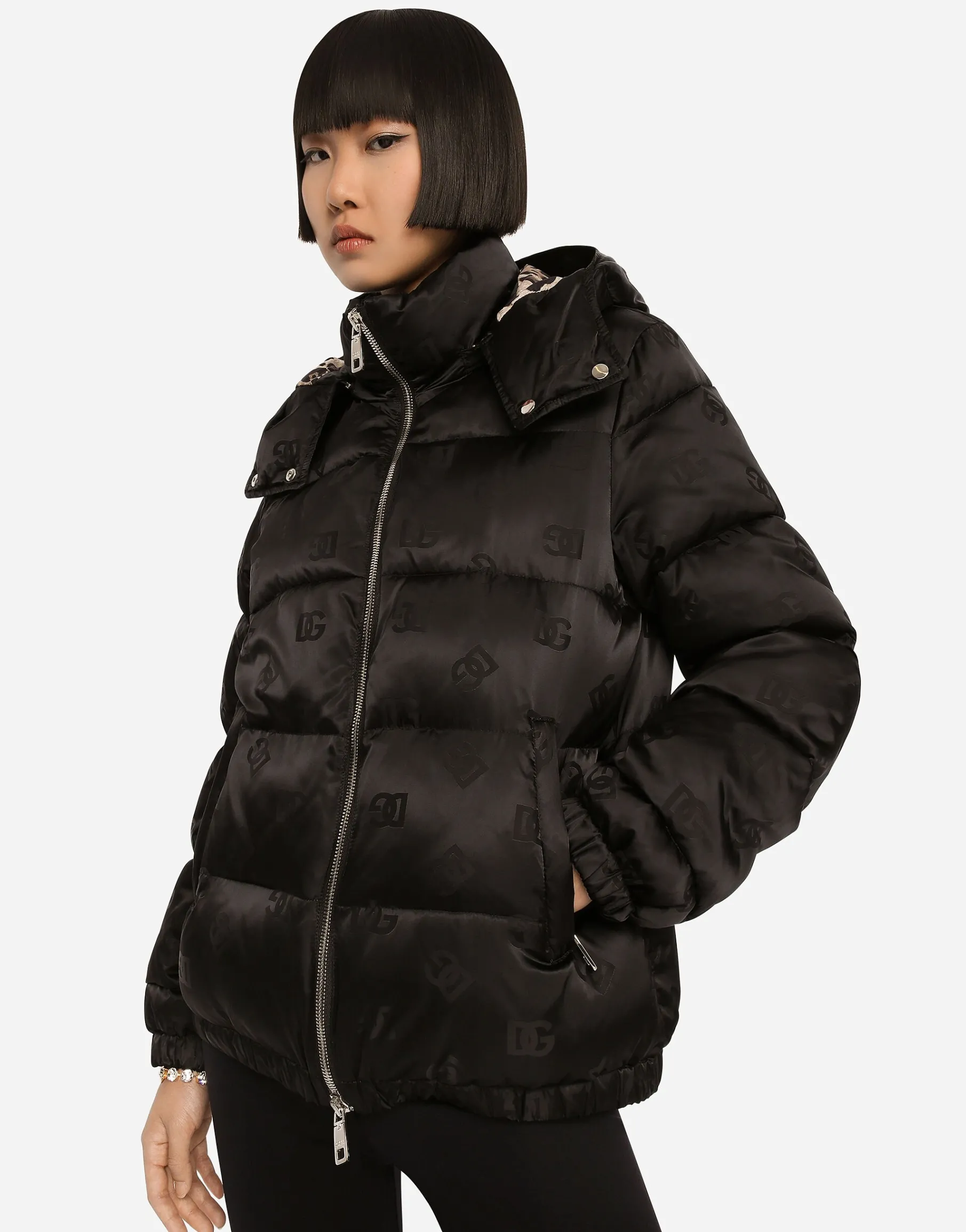 Satin jacquard down jacket with all-over DG logo