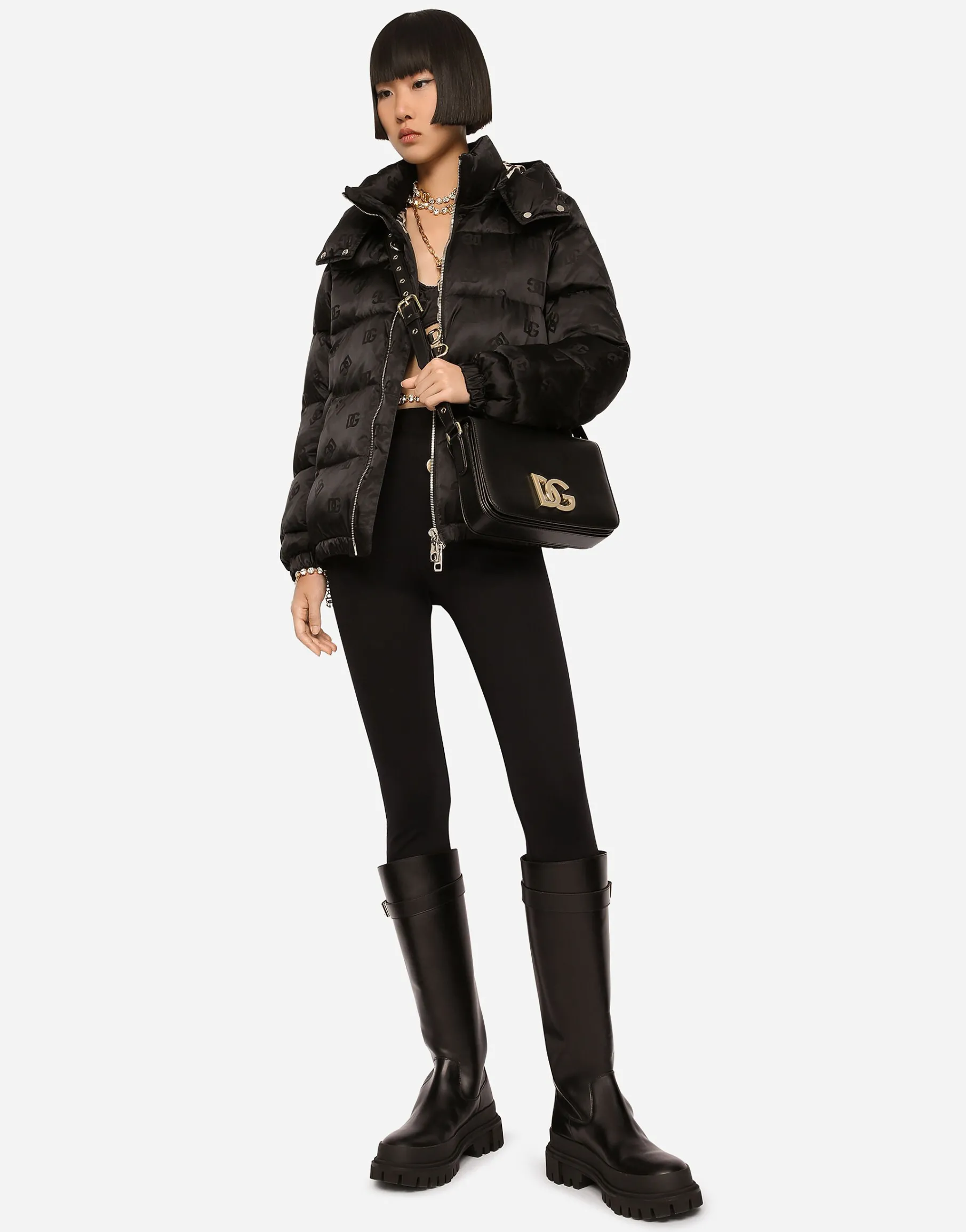 Satin jacquard down jacket with all-over DG logo