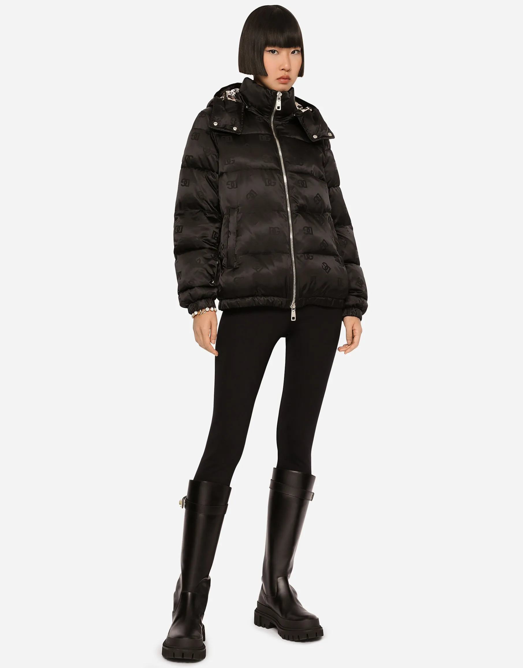 Satin jacquard down jacket with all-over DG logo