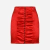 Satin miniskirt with hook-and-eye fastenings