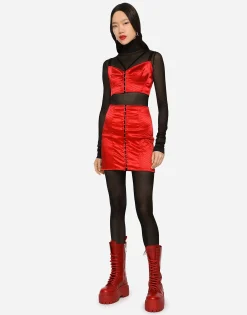 Satin miniskirt with hook-and-eye fastenings
