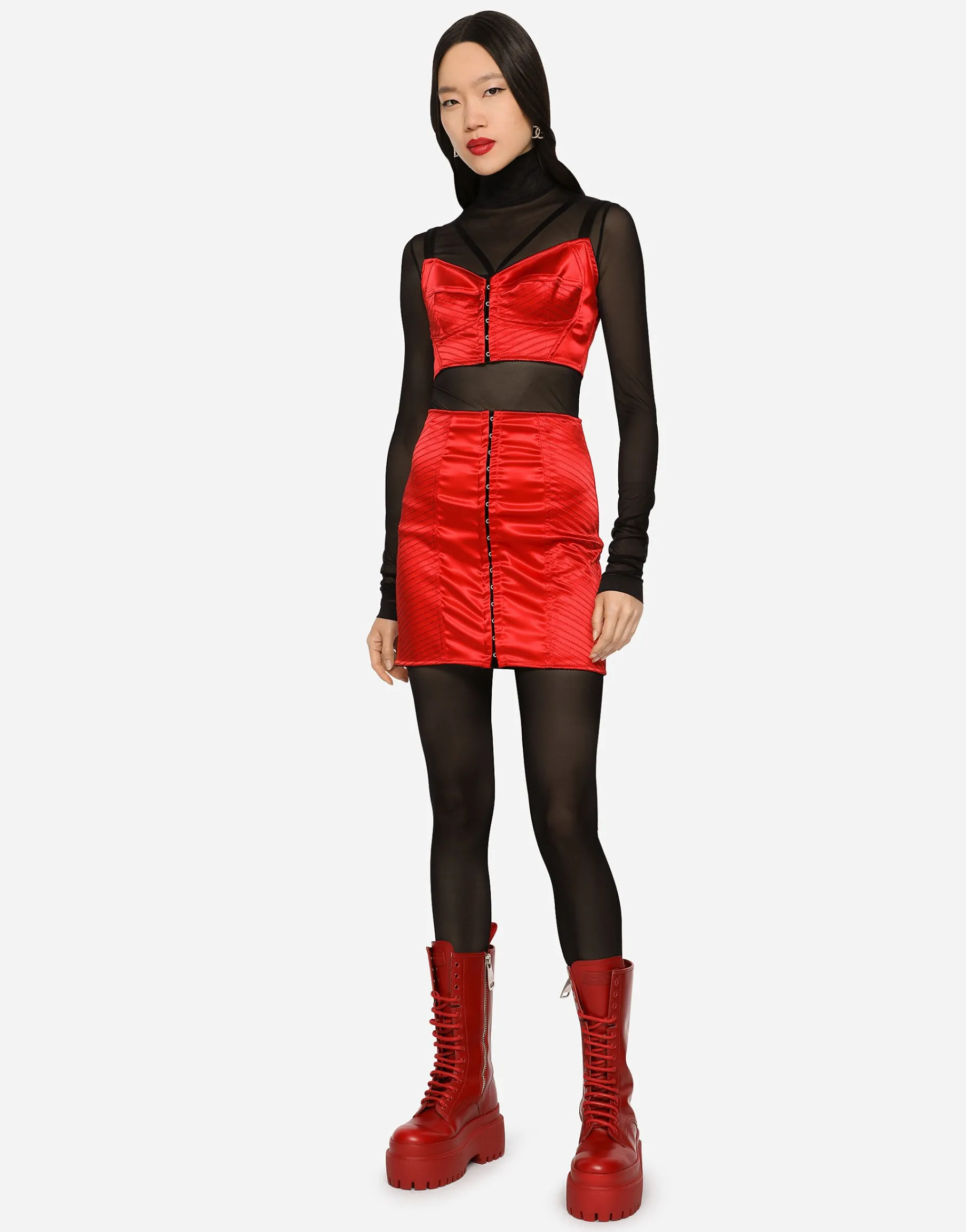 Satin miniskirt with hook-and-eye fastenings